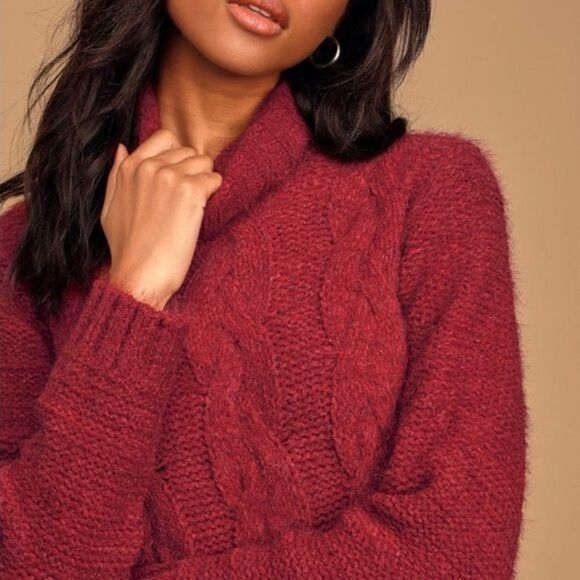 Lulu’s Joyous Cable Knit Turtleneck Sweater Dress Red Maroon Medium - Picture 3 of 12